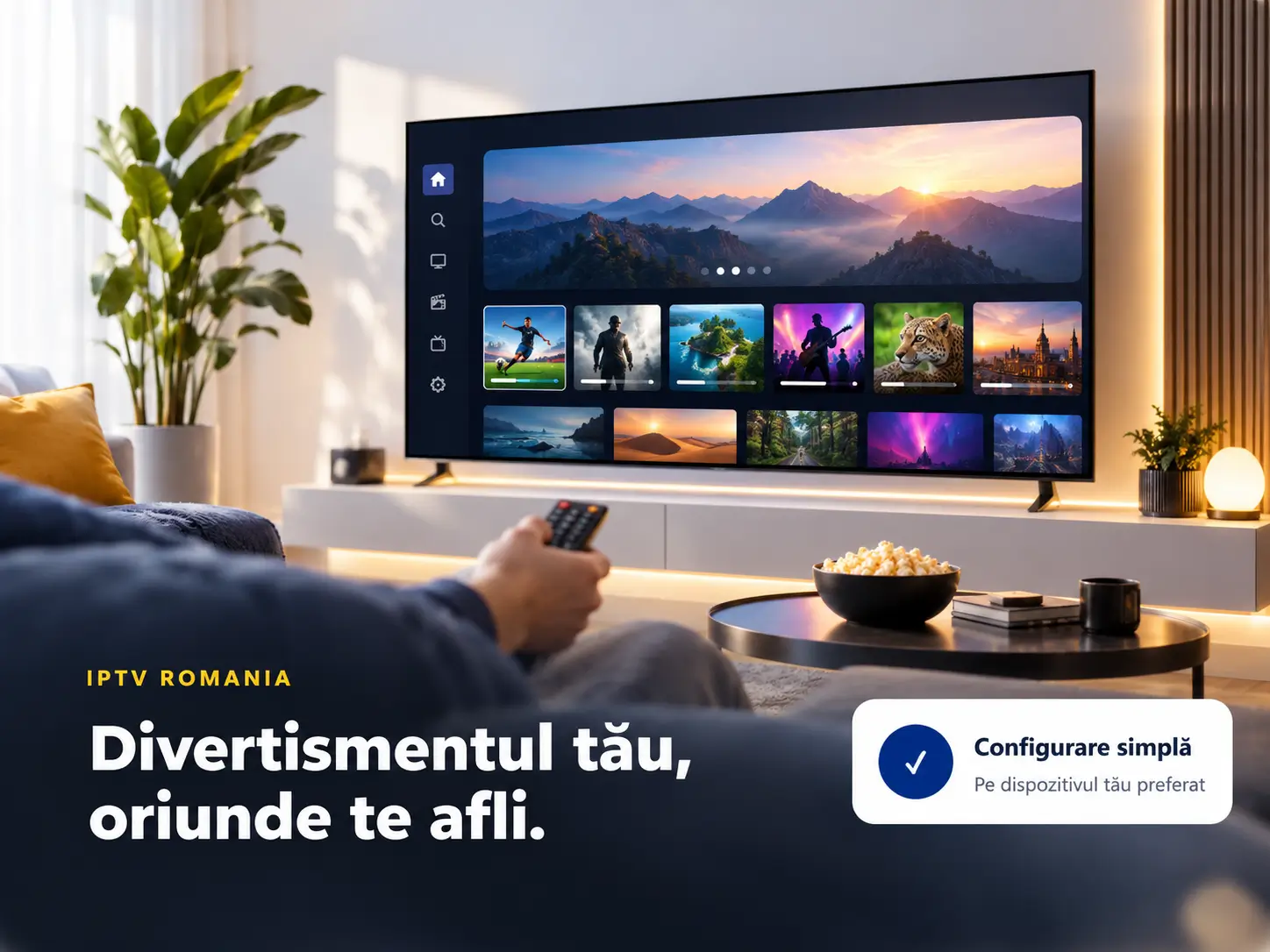 IPTV Romania pe Smart TV într-un living modern, cu acces la filme, sport și divertisment